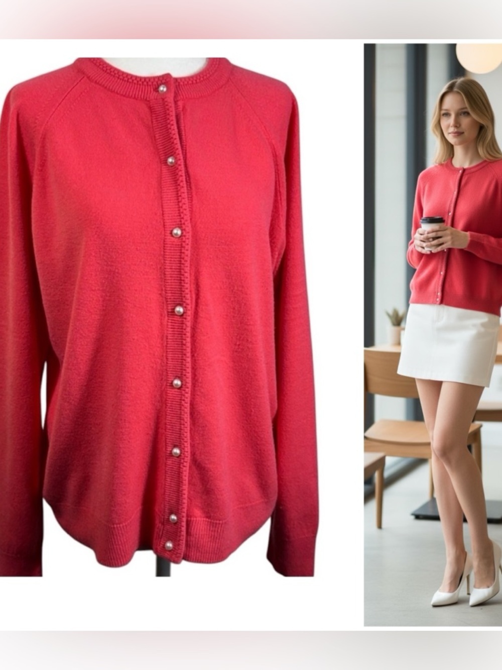 Refined Elegant Pearl  Button Down Cardigan Sweater Long Sleeves Spring Color L